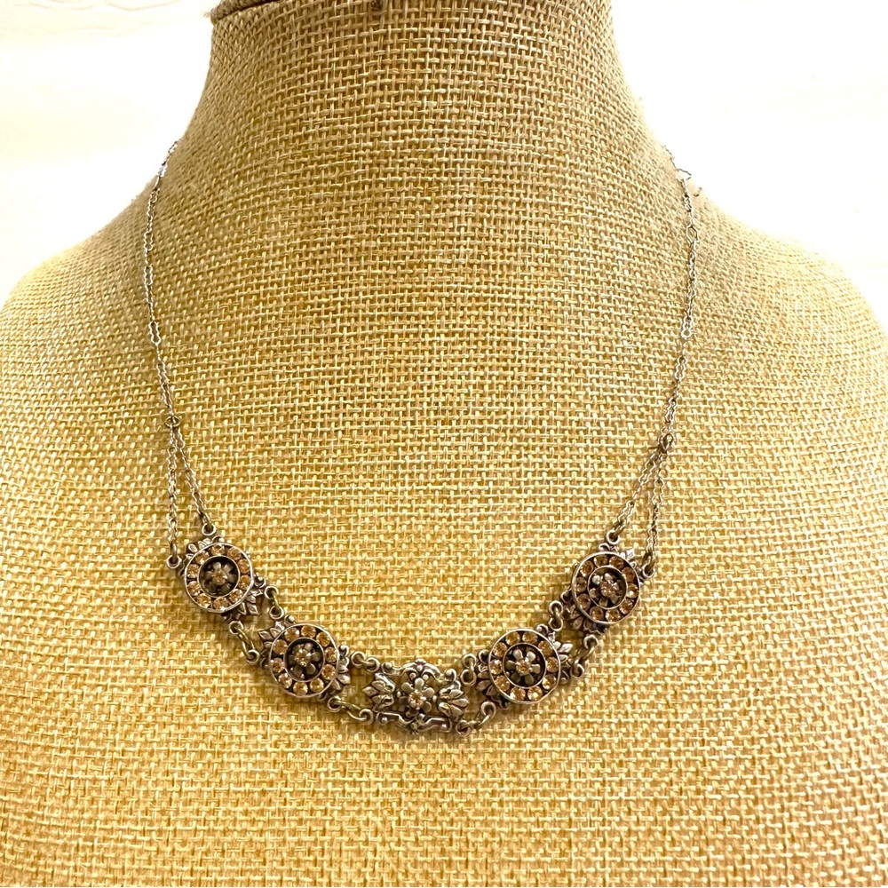 Liz Paiacios Necklace Vintage antique silver w/ Swarovski crystals, pink, yellow